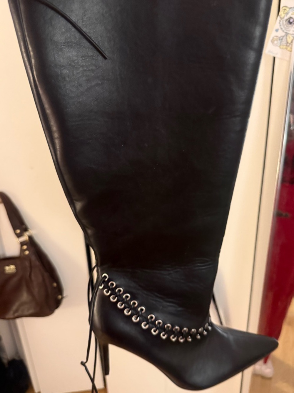 Black Leather Knee-High Stiletto Boots with Eyelet Lace Detail
